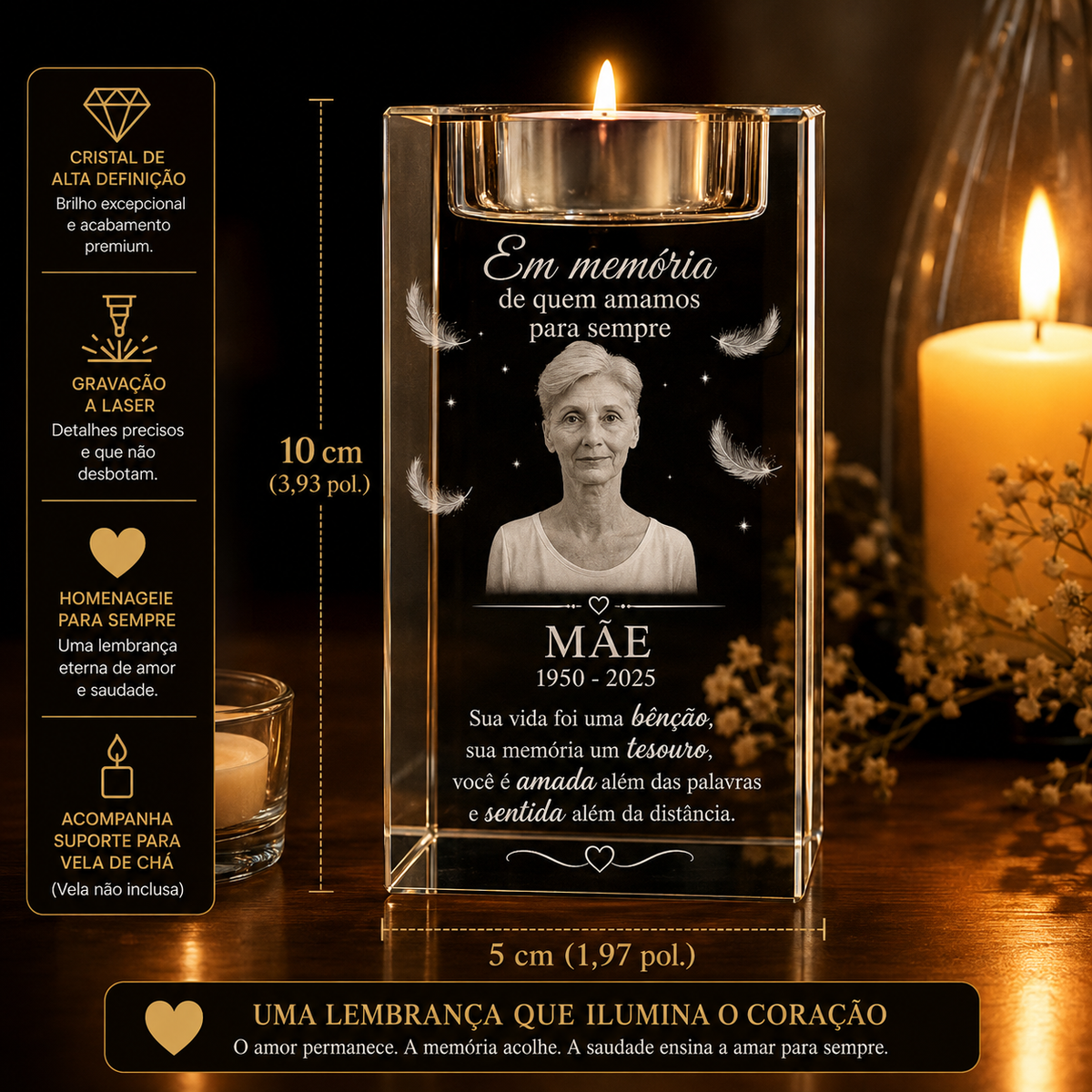 Castiçal em Cristal Retangular – Edição Memória Afetiva - Uma luz que não se Apaga.