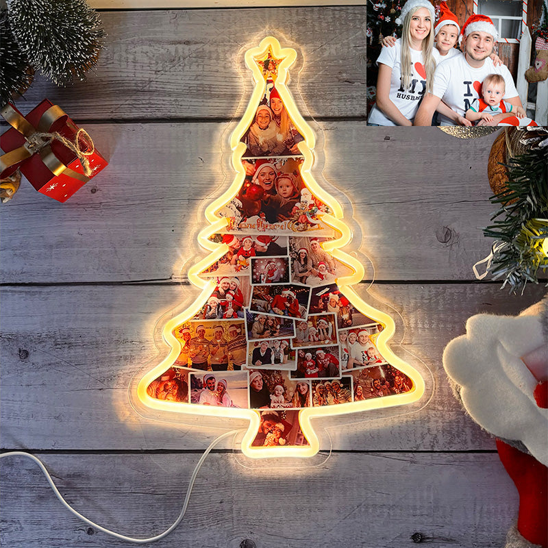 Placa de neon com foto de árvore de Natal personalizada