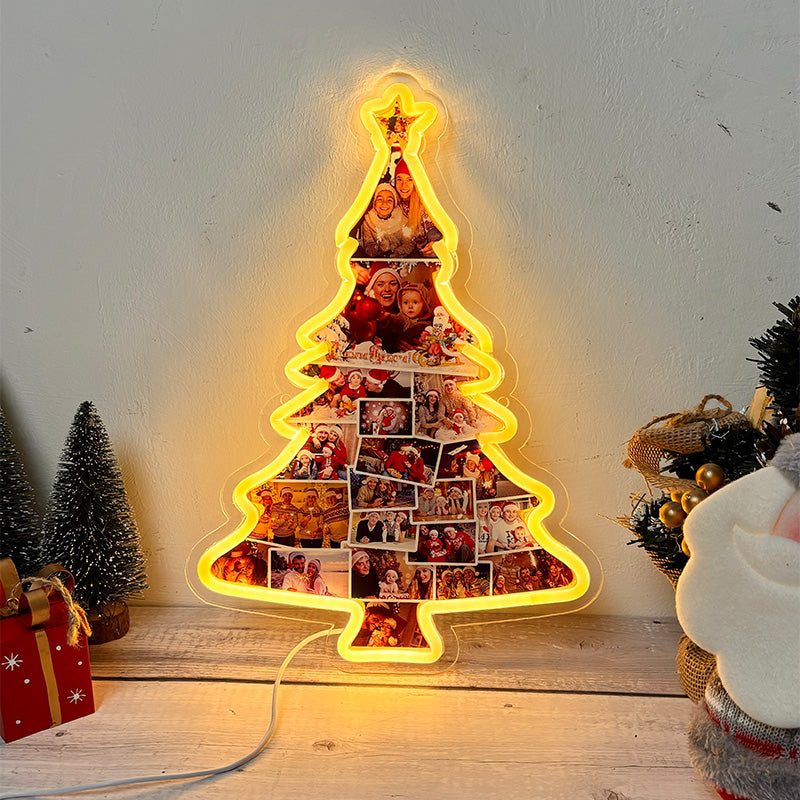 Placa de neon com foto de árvore de Natal personalizada