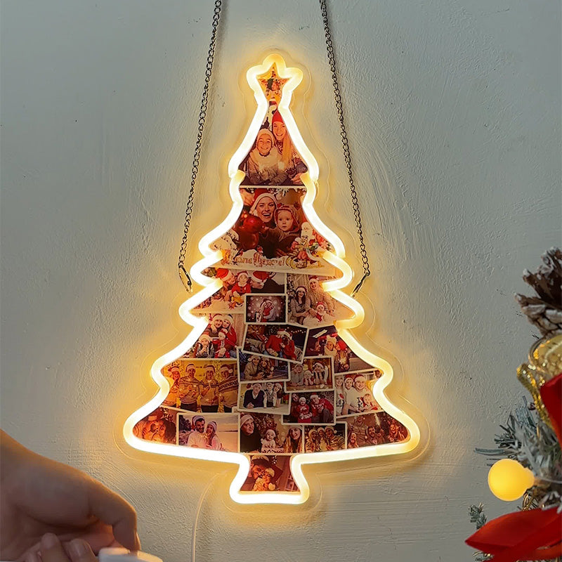 Placa de neon com foto de árvore de Natal personalizada